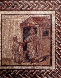 Gallo-Romeinse kunst: mozaïekvloer met een voorstelling van een landelijke kalender. Feestscène. Eind 2e, begin 3e eeuw na Chr. Uit Saint-Romain-en-Gal (Rhône). Saint-Germain-en-Laye, Nationaal Archeologisch Museum