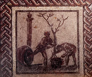 Gallo-Romeinse kunst: mozaïekvloer die een rustieke kalender voorstelt. Pottenbakkerscène. Eind 2e, begin 3e eeuw na Chr. Uit Saint-Romain-en-Gal (Rhône). Saint Germain en Laye, Nationaal Archeologisch Museum