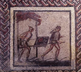 Gallo-Romeinse kunst: mozaïekvloer met een landelijke kalender. Scène met mesttransport. Eind 2e, begin 3e eeuw na Christus. Uit Saint-Romain-en-Gal (Saint Romain en Gal, Rhône). Saint-Germain-en-Laye, Nationaal Archeologisch Museum