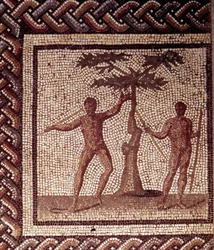 Gallo-Romeinse kunst: mozaïekvloer met een voorstelling van een landelijke kalender. Feest van de maaiers. Eind 2e, begin 3e eeuw na Chr. Uit Saint-Romain-en-Gal (Rhône). Saint-Germain-en-Laye, Nationaal Archeologisch Museum