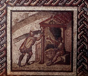 Gallo-Romeinse kunst: mozaïekvloer met een voorstelling van een landelijke kalender. Vlechtwerk en mandenvlechten. Eind 2e, begin 3e eeuw na Chr. Uit Saint-Romain-en-Gal (Rhône). Saint-Germain-en-Laye, Nationaal Archeologisch Museum