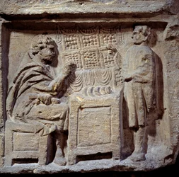 Gallo-Romeinse kunst: een bakkerij. Een klant koopt brood van een bakker
