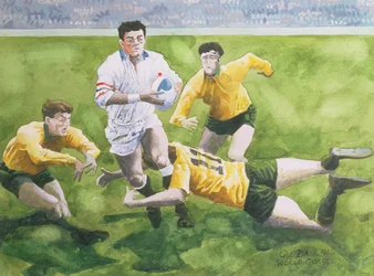 Rugbywedstrijd: Engeland tegen Australië in de Wereldbekerfinale, 1991, Will Carling wordt getackeld