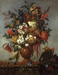 Stilleven van Bloemen in een Urn, met een Rode Papegaai