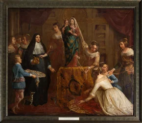 Parochiekerk Saint-Brice. Schilderij "De aartshertogin Isabel van Spanje schenkt haar sieraden aan de basiliek van Sint-Martin van Halle". Gaspar de Crayer.