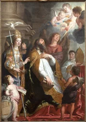 De heilige Augustinus van Hippo in extase. De heilige viel flauw bij het zien van een gevleugeld hart in brand, omringd door engelen. Links de duif van de Heilige Geest (Heilige Geest). Schilderij van Gaspar de Crayer (1584-1669), Vlaamse kunst uit de 17e