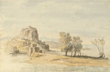Een versterkt dorp op een landengte (zwart krijt, pen en bruine inkt, aquarel)