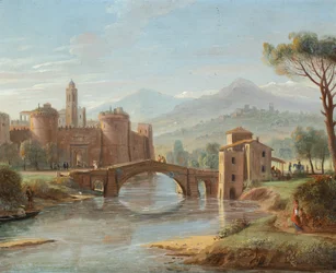 Een rivierlandschap met een brug die leidt naar een versterkte stad (olieverf op koper)