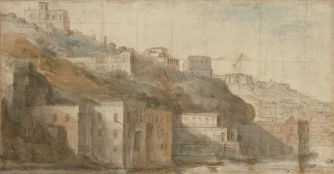 Gezicht op Mergellina aan de baai van Napels, met daarachter Capodimonte (rood en blauw krijt, pen en bruine inkt, aquarel, vierkant in rood en zwart krijt)