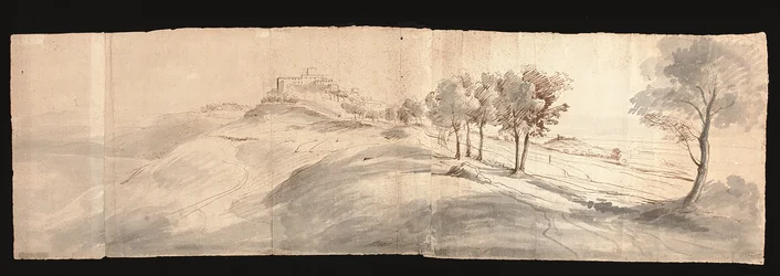Gezicht op het Romeinse platteland, vlakbij Castel Gandolfo (zwart krijt, pen en bruine inkt, grijs gewassen op papier)