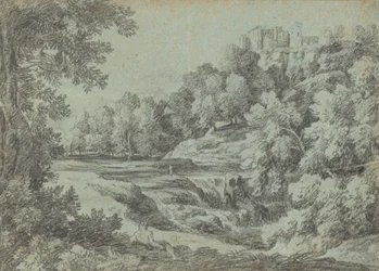 Italiaans Landschap met Vestingen en een Waterval