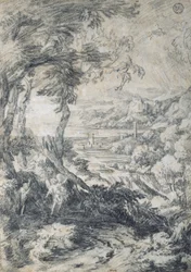 Landschap met Elia en de engel op de berg Horeb