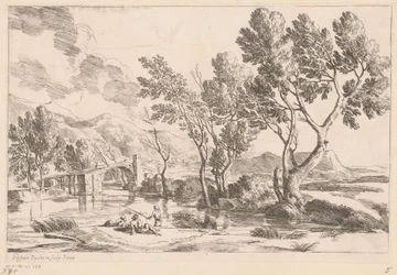 Rivierlandschap met brug en vissers