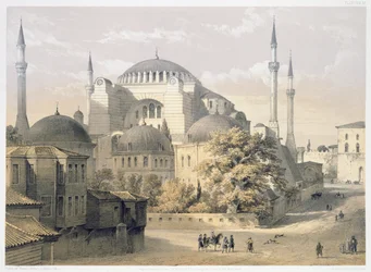 Haghia Sophia, plaat 19: buitenaanzicht van de moskee, gegraveerd door Louis Haghe, gepubliceerd 1852