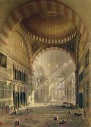 Haghia Sophia, plaat 24: interieur van de centrale koepel met verlaagde kroonluchters, gegraveerd door Louis Haghe, gepubliceerd 1852