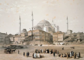 Hagia Sophia (plaat 25) voor restauratie, gegraveerd door Louis Haghe, gepubliceerd 1852