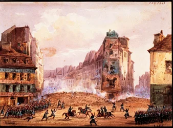 Scène uit de Revolutie van 1848, Culture Sainte Catherine Street barricade in februari, door Gobaut, Frankrijk