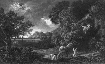 Dido en Aeneas in de storm (gravure)