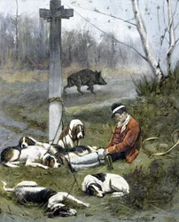 De jager en zijn slaperige honden - gravure door Gaston Gelebert
