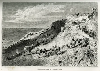 Akabah of opstelling van kamelen uit de karavaan. Gravure ter illustratie van het verhaal 