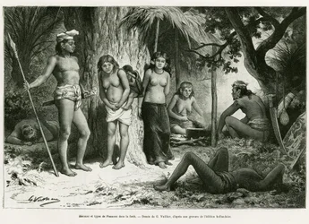 Bivak en types van Lung in het bos. Gravure door G.Vuillier, ter illustratie van het verhaal De Koutei a Bandjirmasin, reis door Borneo, door Carl Bock, in le tour du monde 1890, onder leiding van Edouard Charton (1807-1890), Hachette, Parijs.