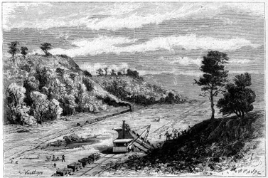 Constructie van het Panamakanaal - doorbraak van de landengte van Panama: algemeen zicht op de bouwplaats van Monkey Hill. Gravure van Vuillier in 