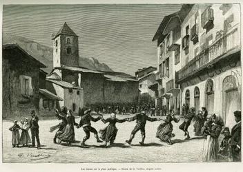 Dansen op het openbare plein. Gravure door G.Vuillier, ter illustratie van het verhaal De vallei van Andorra, door Gaston Vuillier, in le tour du monde 1888, onder leiding van Edouard Charton (1807-1890), Hachette, Parijs.