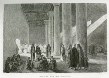 Binnenkant van het paleis van Emir Muhammad Ibn Abdullah Al Rashid (1872-1897), in Hail, Saoedi-Arabië. Gravure door G.Vuillier, ter illustratie van het verhaal 