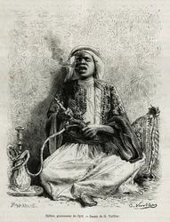 Portret van Djohar, gouverneur van de djof (groep van 7 of 8 dorpen, gebouwd op een afstand van 10 minuten van elkaar, in lijn), rookt narguile. Gravure door G. Vuillier, ter illustratie van het verhaal 