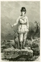 Portret van Madame Marie De Ujfalvy-Bourdon, in reiskleding, met haar hond, getrouwd met etnoloog, taalkundige en ontdekkingsreiziger Charles Eugene Ujfalvy (1842-1904), zij vergezelde hem op al zijn expedities. Gravure door G.Vuillier, naar de natuur.