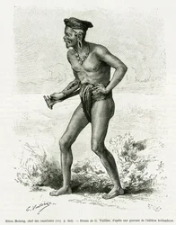 Sibou Mobang, hoofd van de kannibalen. Gravure door G. Vuillier ter illustratie van het verhaal De Koutei a Bandjirmasin, een reis door Borneo, door Carl Bock, in Le Tour du Monde, 1890, onder leiding van Edouard Charton (1807-1890), Hachette, Parijs.