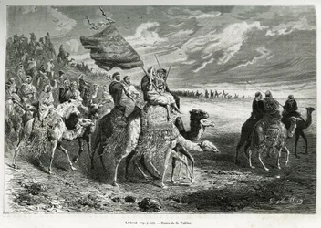 De Berak, de vlag van Emir Ibn Al Rashid (1872-1890) (Saoedi-Arabië). Gravure door G. Vuillier, ter illustratie van het verhaal 