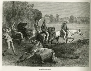 De expeditie te paard voor de verkenning van de vallei van Terable, gravure naar een tekening van G. Vuillier, ter illustratie van het verhaal De Cayenne aux Andes, door Jules Crevaux, arts van de Franse marine, in 1878-1879, gepubliceerd in 