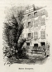 De gevel van het huis Bonaparte, waarin Napoleon Bonaparte (1769-1821) niet is. Gravure en verhaal 