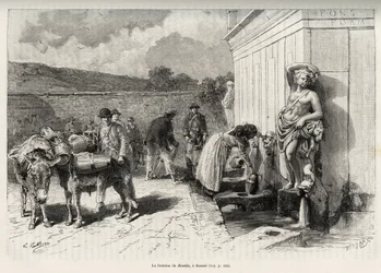 De fontein van de Rossello, in Sassari (Italië). Dagelijkse activiteiten, vrouw vult een kruik en waterdragers met hun ezels vullen hun vaten. Gravure en verhaal 