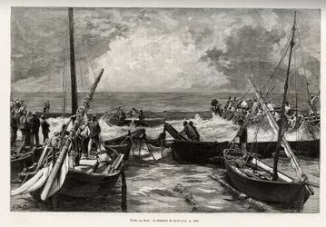 Tonijnvissen (mattanza): de doodskamer, tonijnen worden in een krappe ruimte geperst en bedekt door de harpoenen van de vissers. Gravure en verhaal La Sardaigne door Gaston Vuillier (1845-1915), in 1890, in Le tour du monde, nouveau journal des voyages, on
