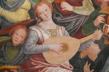 Detail van de Tenhemelopneming van de Heilige Maagd, bekend als "Het koor van engelen die muziek spelen", Koepel van het transept, vanaf 1534