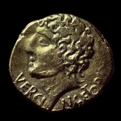 Gallische gouden statere (Arvernes) met de beeltenis van Vercingetorix (72-46 v.Chr.) uitgegeven in 52 v.Chr. Parijs, B.N.