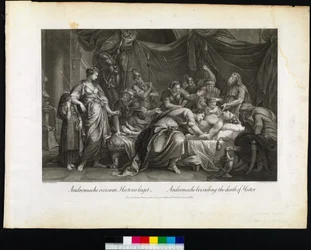 Andromache treurt om de dood van Hector, gegraveerd door Domenico Cunego, 1764