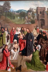 Nederlands:  De opwekking van Lazarus De opstanding van Lazarus met een paar donoren met hun dochter