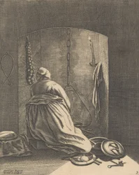 Een vrouw die kookt, plaat 3 uit Vijf vrouwelijke bezigheden, ca. 1640-57