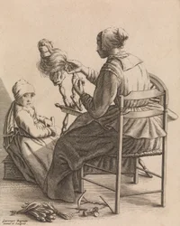 Een vrouw aan het spinnen, Plaat 4 uit Vijf vrouwelijke bezigheden, ca. 1640-57