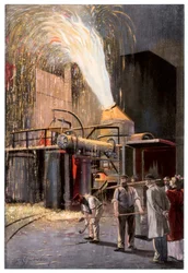 Decarburisatie van ruwijzer in een Bessemer-converter, 1900