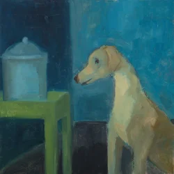 Gele hond met koekjestrommel, 2020 (olieverf op doek)