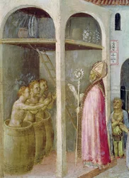 Sint-Nicolaas wekt de drie kinderen die in pekelvaten werden geworpen weer tot leven, detail van een predellapaneel van het Quaratesi-altaarstuk, 1425