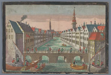 Gezicht op de Nikolaifleet tegenover de Sankt Nikolaikirche te Hamburg