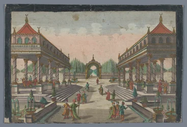 Gezicht op een zuilengalerij richting een cipressentuin te Constantinopel. Zuilengalerij in de lusttuin van de Groot-Sultan