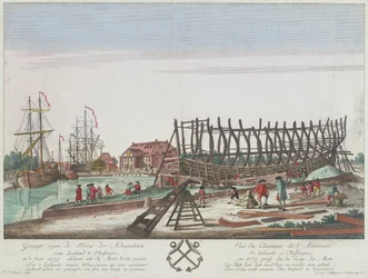 Uitzicht op de scheepswerf van de Admiraliteit van Zeeland in Vlissingen in 1779. Lithografie, gravure door Leizel gebaseerd op een tekening van Georg Balthasar Probst (1732-1801)