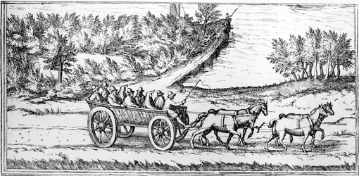 Koets met passagiers in Frankrijk, detail van een kaart, eind 16e eeuw
