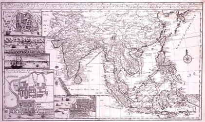 India tot westelijk Nieuw-Guinea inclusief zuidelijk Japan en de Filippijnen, gegraveerd door J.B. Bruhl, c.1737